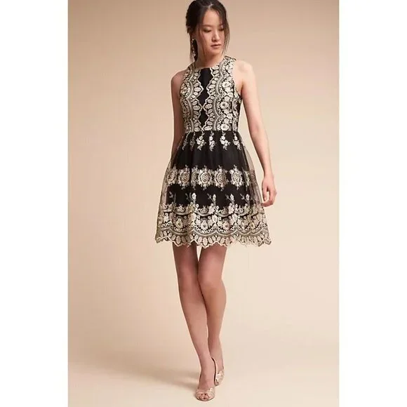Immaculate BHLDN Black Gold Lace Flourish A-Line Dress $380 - Picture 2 of 11